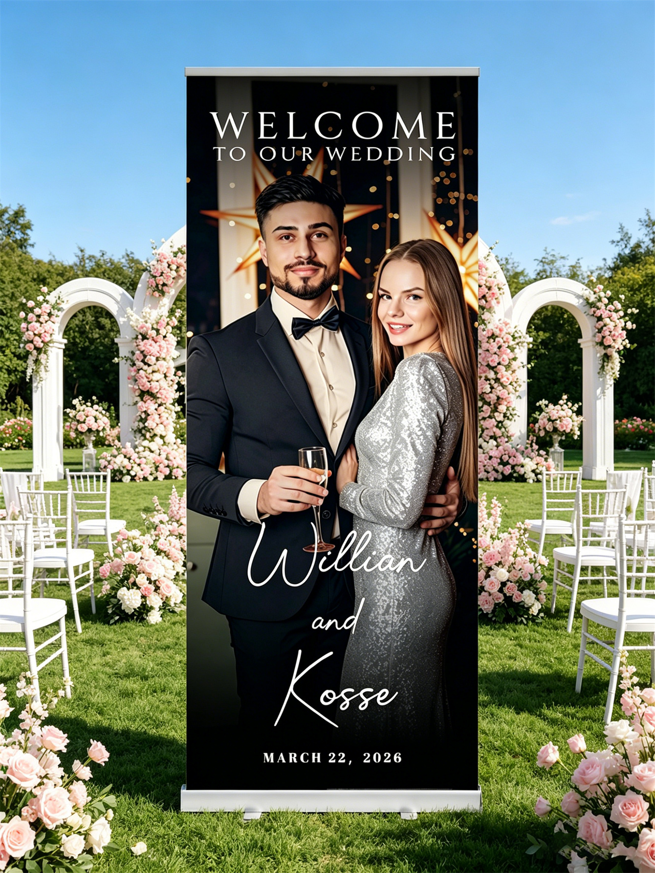 Customized wedding retractable banners - personalized photo wedding welcome signs, reception decorations and background curtains